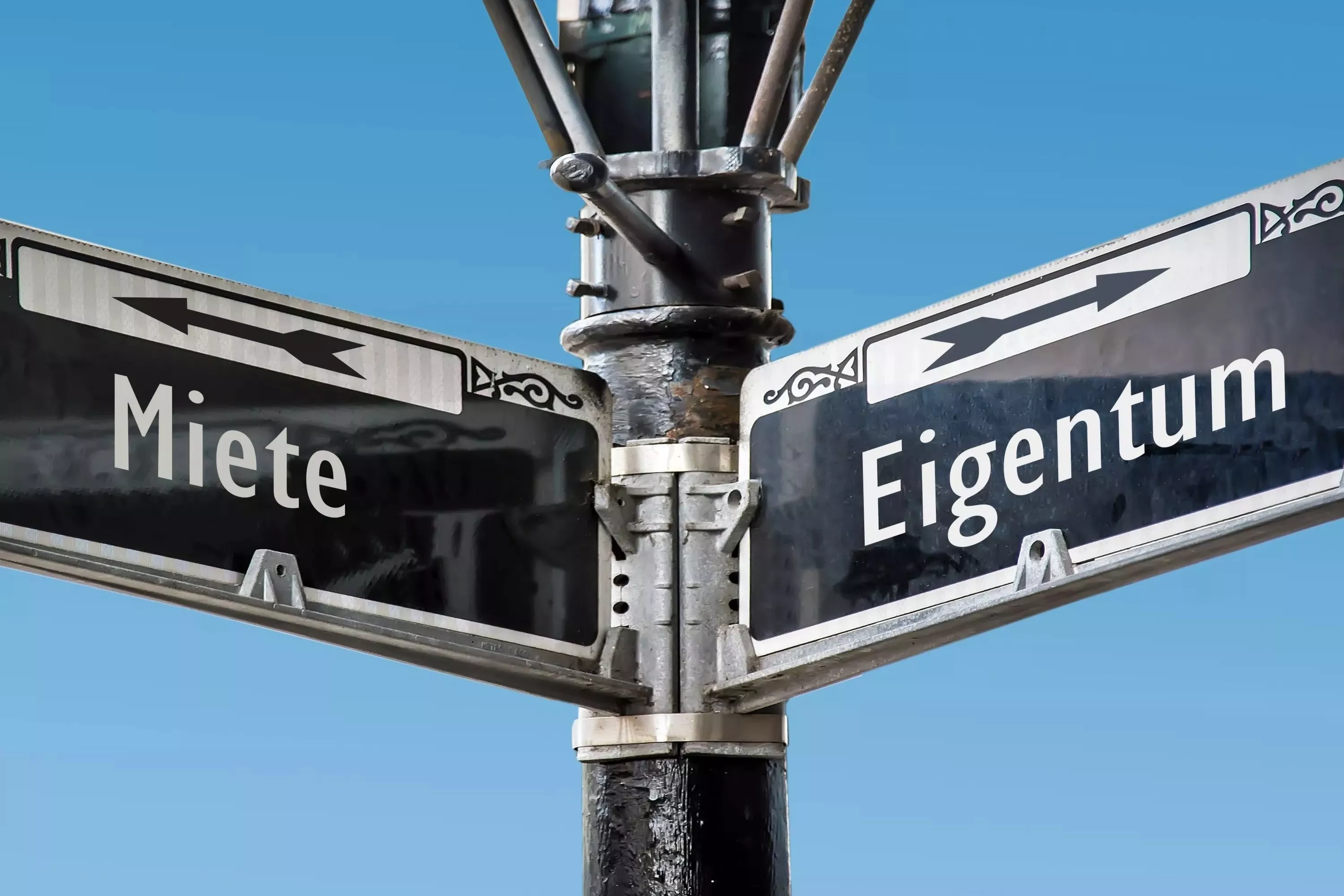 Straßenschilder mit der Aufschrift "Miete" und "Eigentum"